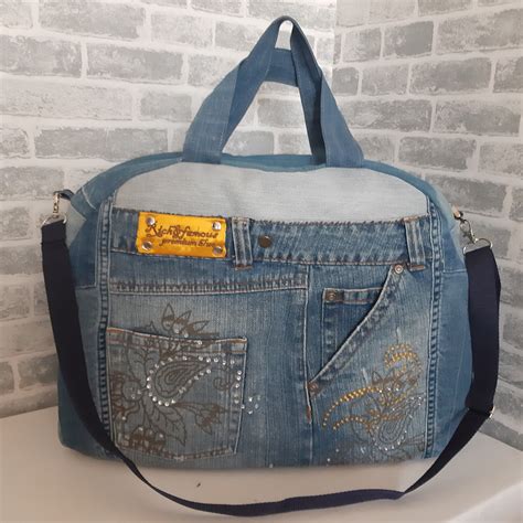 Large Travel Denim Bag Denim Shabby Tote Weekender Denim Bag Etsy