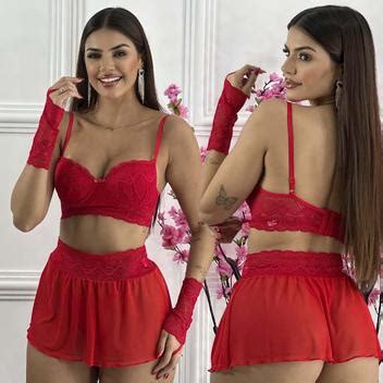 Conjunto Lingerie Saia Sexy Luvas Renda Luxo Sensual Sensual