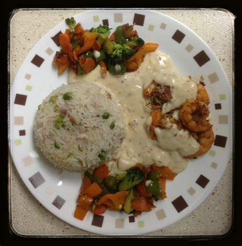 Under 30 Minute Dinner Sautéed Shrimps In Creamy Saffron Sauce With Steamed Veggies N Pilaf