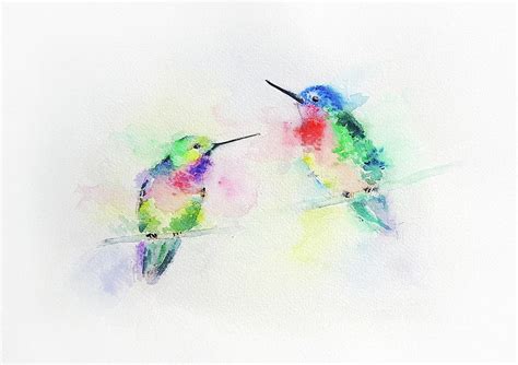 Hummingbirds Sitting On A Branch Loose Splashes Art Original Watercolor