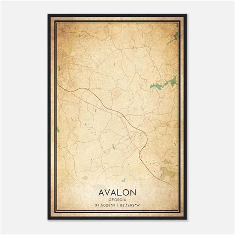 Vintage Avalon Georgia Map Poster, Avalon GA City Road Wall Art Print