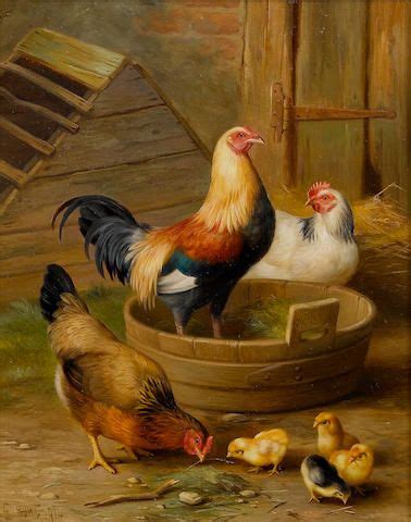 Edgar Hunt British Chickens And Chicks In A Farmyard