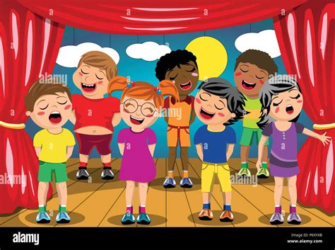 Multicultural kids singing on stage at school play Stock Vector Image ...