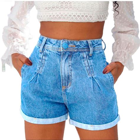 Short Feminino Short Jeans Cintura Alta Com Bolso Real Shopee Brasil