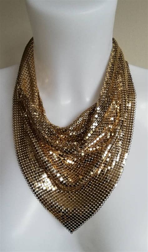 S Whiting And Davis Goldtone Mesh Scarf Necklace Gem