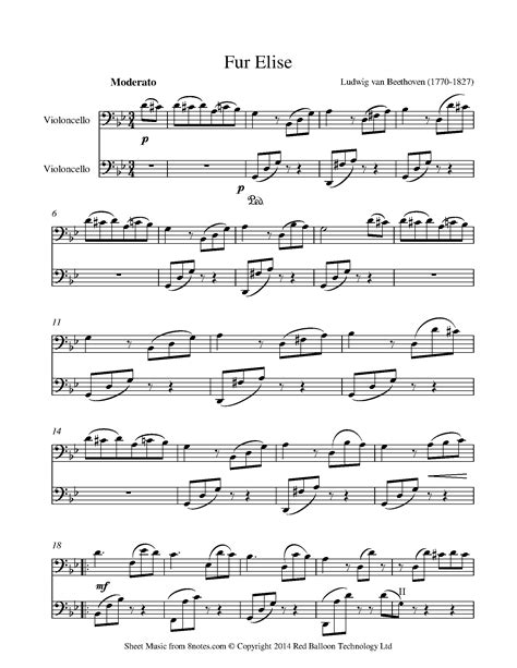 Beethoven Ludwig Van Fur Elise For Cello Duet Free Sheet Music For