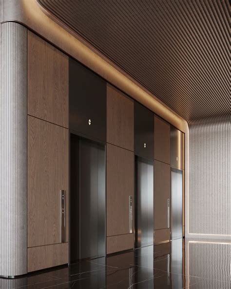 An Empty Room With Wooden Doors And Black Marble Flooring In Front Of