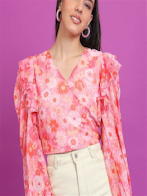 Buy Tokyo Talkies Pink Floral Printed Puffed Sleeves Ruffled Wrap Crop Top Tops For Women