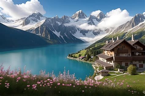 Premium AI Image | Spectacular high mountain scenery with a lake