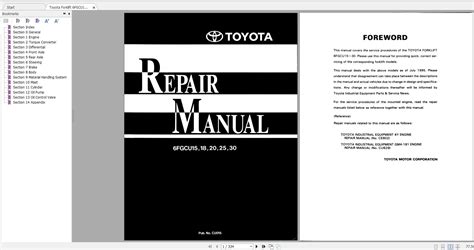 Toyota Forklift 6FGCU15 18 20 25 30 1995 Repair Manual Auto Repair