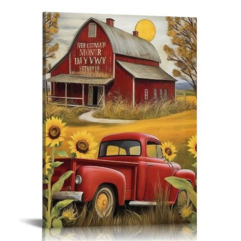 Comio Farmhouse Truck Wall Art Rustic Red Truck Sunflower Pictures Wall