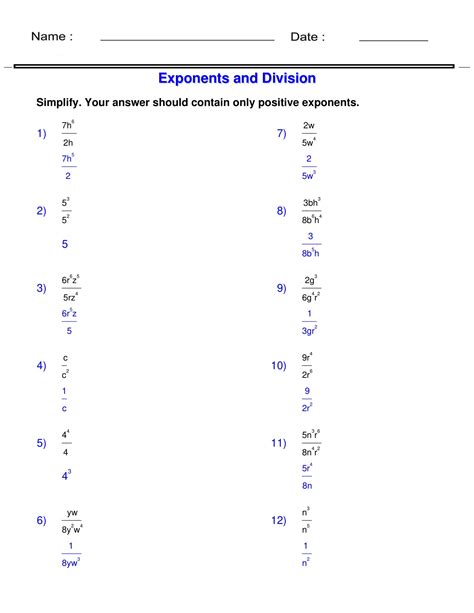 Exponents With Division Algebra 1 Exponents Worksheets Made By Teachers