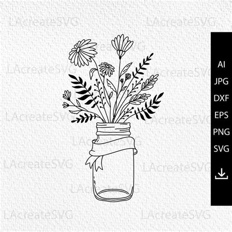 A Mason Jar Filled With Wildflowers And Daisies Is Shown In This Svt File