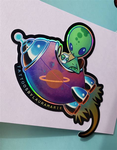 Holographic Alien Rocketship Sticker X Inch Etsy