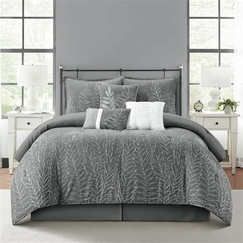 Lanco Natalie Fern Floral 7 Piece Bedding Comforter Set Grey Bed Size Queen Fill 100