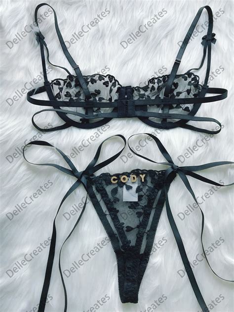 Custom Name Thong Heart Mesh Embroidery Gathered Lingerie Set Custom Thong With Letter Sexy