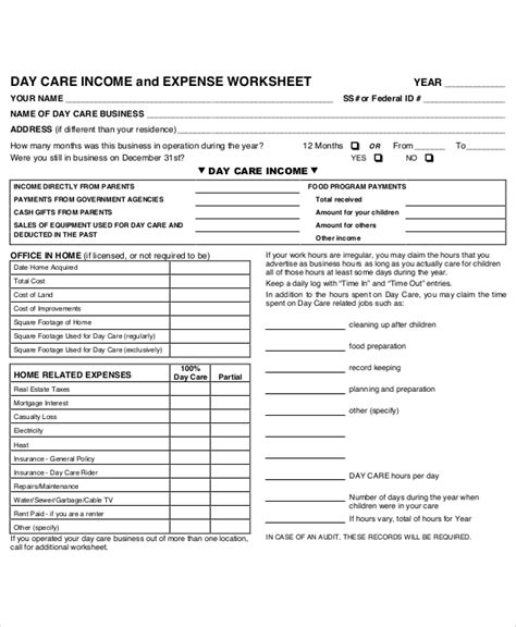 Daycare Income And Expense Worksheet Daycare Income And Expe