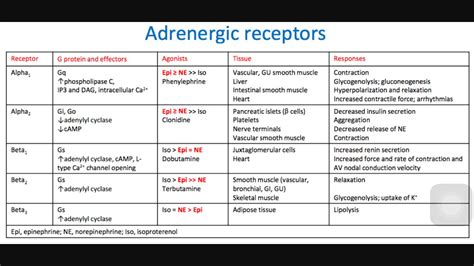 Alpha Beta Receptors Chart