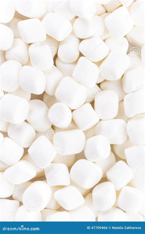 Delicious Mini White Fluffy Round Marshmallows On White Backgr Stock