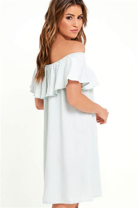 Cute Light Blue Dress Chambray Dress Off The Shoulder Dress 78 00