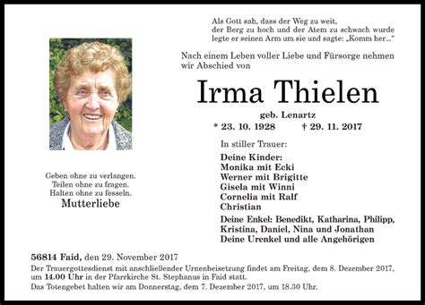 Traueranzeigen Von Irma Thielen Rz Trauer De