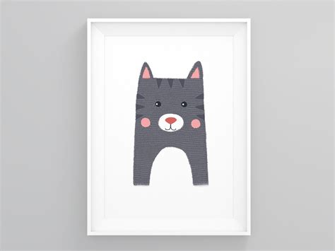 Grey Cat Poster Meow Prints Pussy Cat Poster Nursery Art Etsy