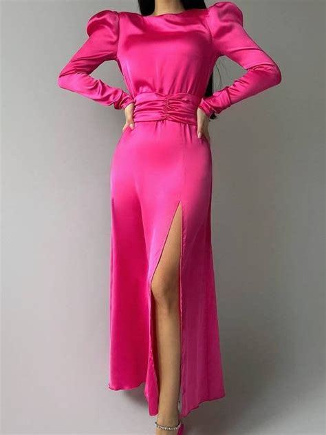 Hot Pink Silk Maxi Dress For Women High Slit Dress Puff Long Sleeve Dress Elegant Deep V Back