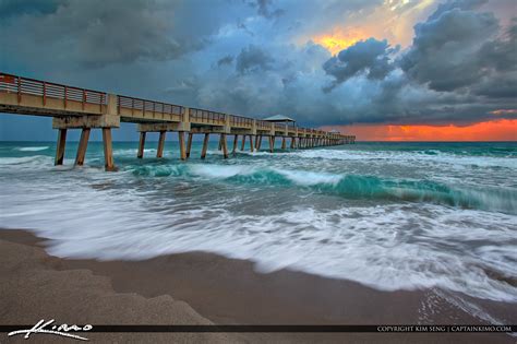 Wave At Juno Beach Pier During Stormy Sunrise Hdr Photography By