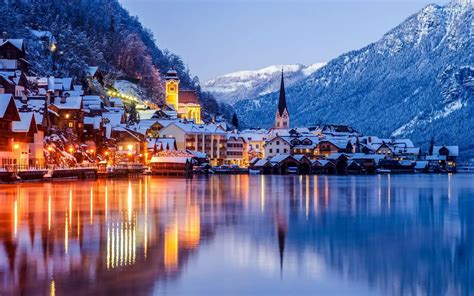 Jezioro Alpy Salzburskie Hallstatt Domy Góry Zima Austria