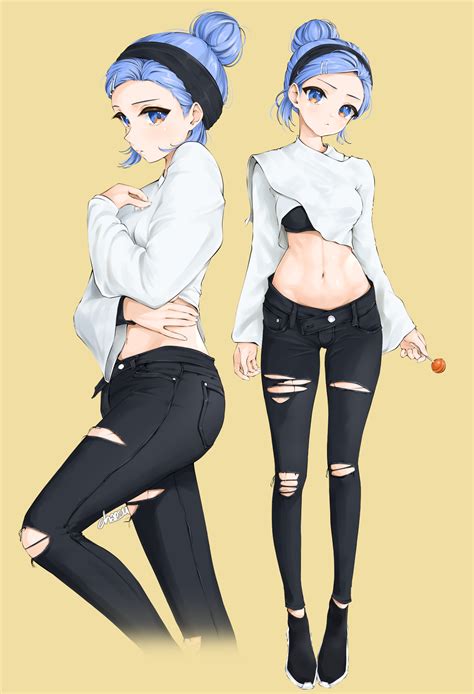 Anime Anime Girls Digital Digital Art 2d Purple Hair Black Pants Torn