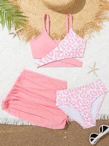 Tween Girl Three Piece Split Bikini Set With Mesh Skirt And Random Print Summer Beach SHEIN USA