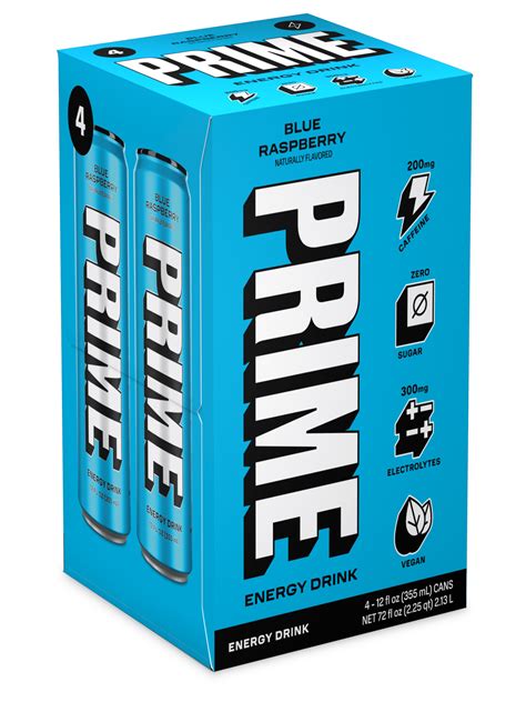 Prime Energy Drink Blue Raspberry 12oz Cans 4 Pack