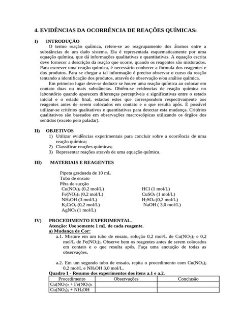 Evidências De Reações Químicas - Evidências de Reações Químicas em Experimentos | PDF | Reações químicas ...