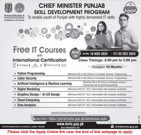 TEVTA Punjab Free IT Courses November 2024 Apply Online Chief Minister