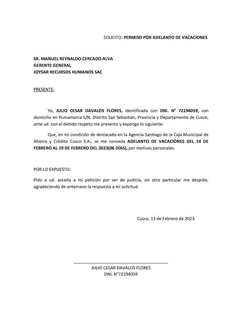 Adelanto DE Vacaciones Joysar 7 SOLICITO PERMISO POR ADELANTO DE