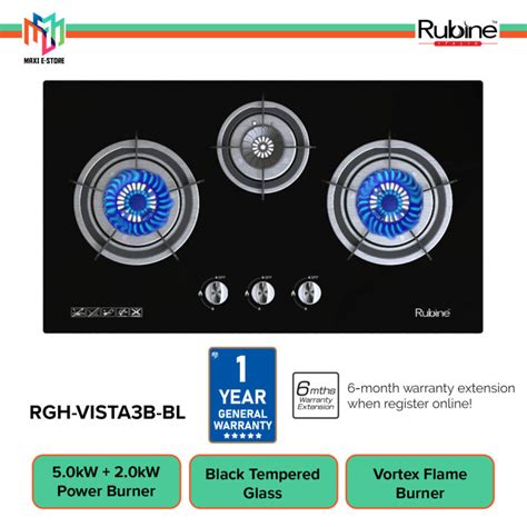 Rubine VISTA Built In Black Tempered Glass Gas Hob 2 Burner 5 0kW