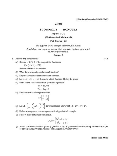 Cu 2020 B A B Sc Honours Economics Semester I Paper Cc 2 Qp Pdf