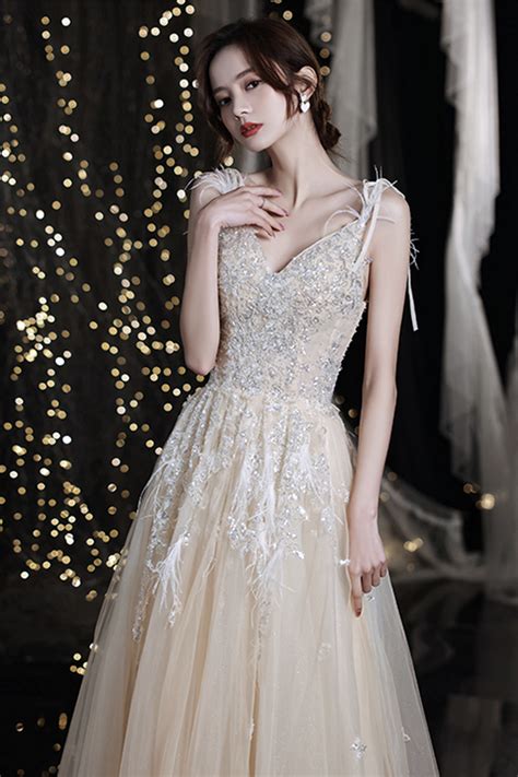 Champagne V Neck Tulle Beads Long Prom Dress Evening Dress On Luulla