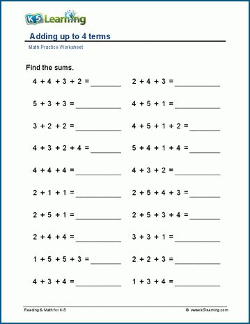 Adding Up To 4 Terms Worksheets K5 Learning