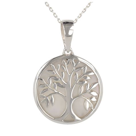 Pendentif Symbole arbre de vie Nacre blanche Argent rhodié rond femme