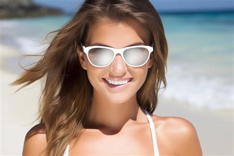 Caucasian Woman In Bikini And Sunglasses On Tropical Beach Premium AI Generated Image