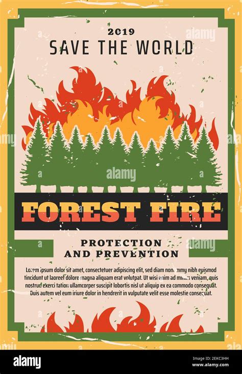 Forest fire fighting, nature protection social warning vintage grunge ...