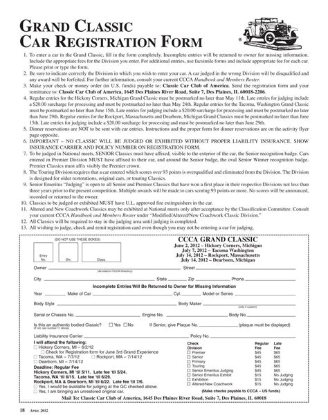 Grand Classic Car Registration Form Classic Car Club Of America