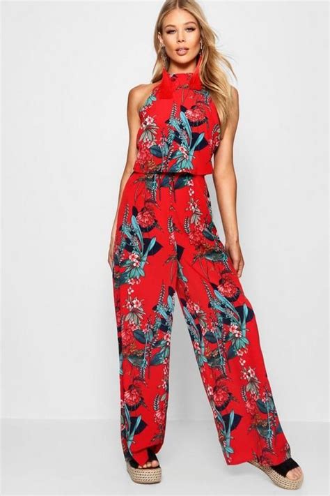 High Neck Floral Wide Leg Jumpsuit Boohoo Jumpsuit Jumpsuit Fashion Wide Leg Jumpsuit