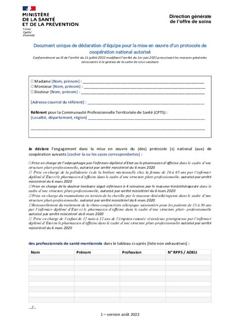 Remplissable En Ligne Document Unique De Dclaration D Quipe Pour La