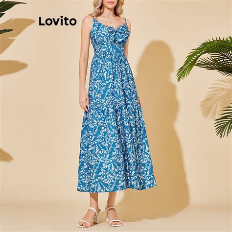 Lovito Women Boho Ditsy Floral Flowers Bow Front Dress Lbl Blue