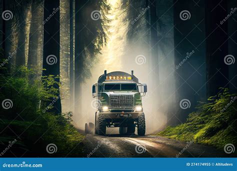 Four Wheel Drive Truck Speeding Past Towering Trees On Narrow Forest