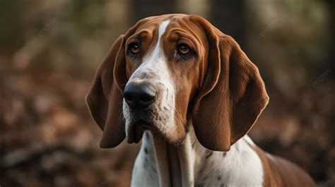 Hound Dog With Brown Color And White Coat Sitting In The Woods Background, Picture Of A Hound ...