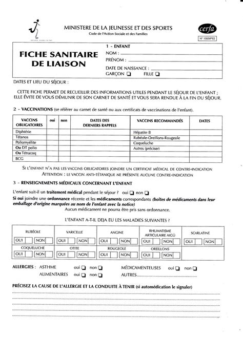 Fiche Sanitaire De Liaison Pdf Fichier Pdf