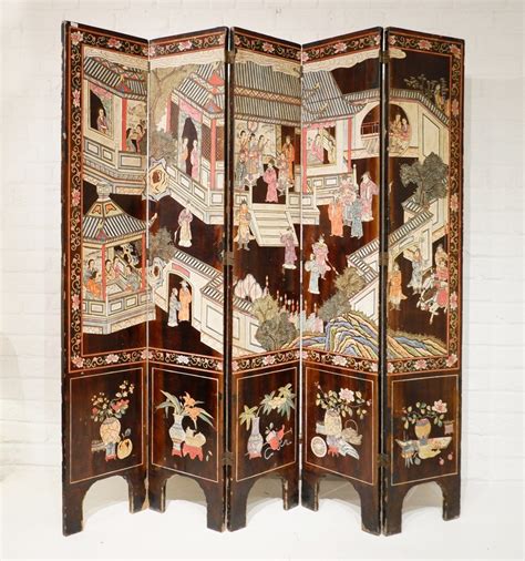 Proantic Paravent Chinois En Bois Grav Et Polychrome Feuilles